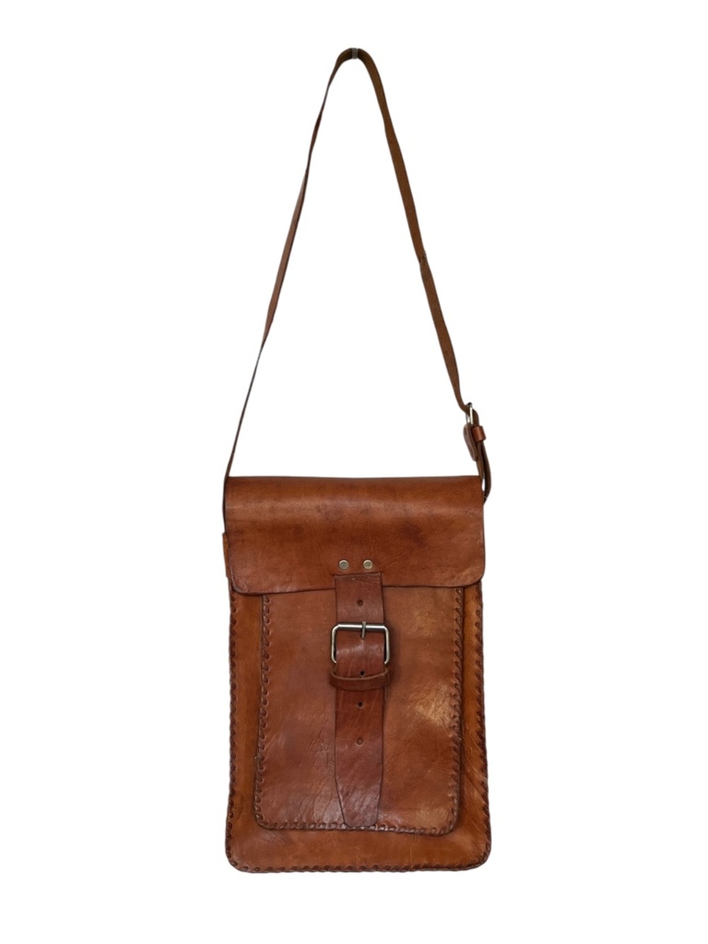 Handmade Leathe Chunky Bag Thick Shoulder Strap Distressed Lace Stitching Brown